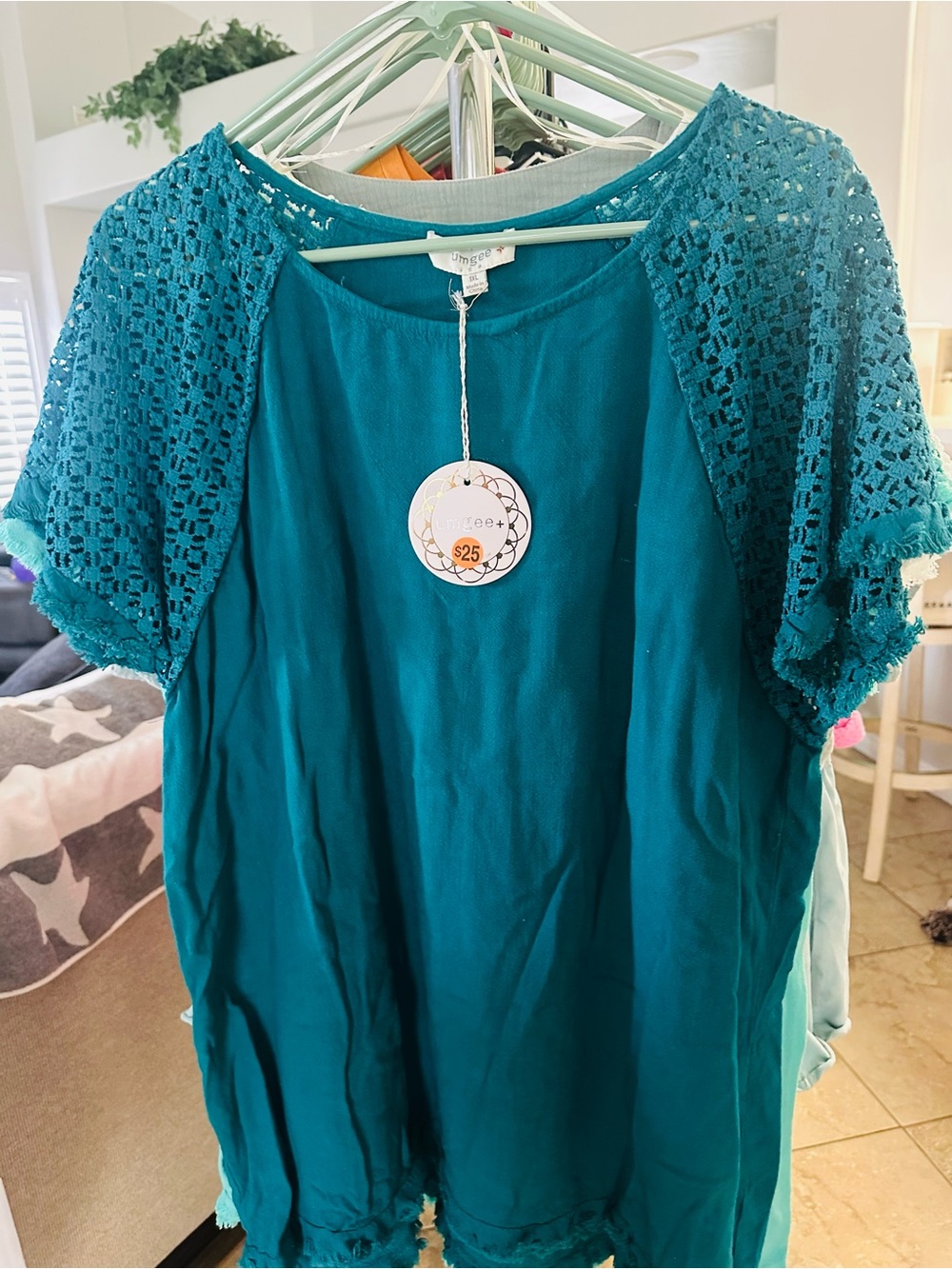 Umgee Teal Crochet-Sleeve Women's Blouse